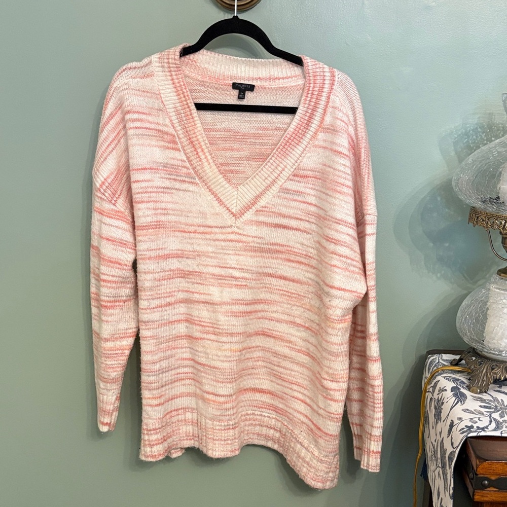 Talbots Pink and White Striped V-Neck Sweater